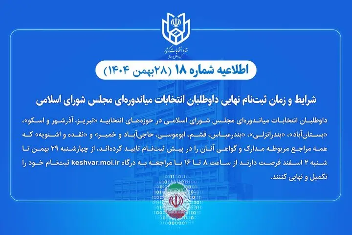 اعلام شرایط و زمان ثبت‌نام نهایی داوطلبان انتخابات میاندوره‌ای مجلس