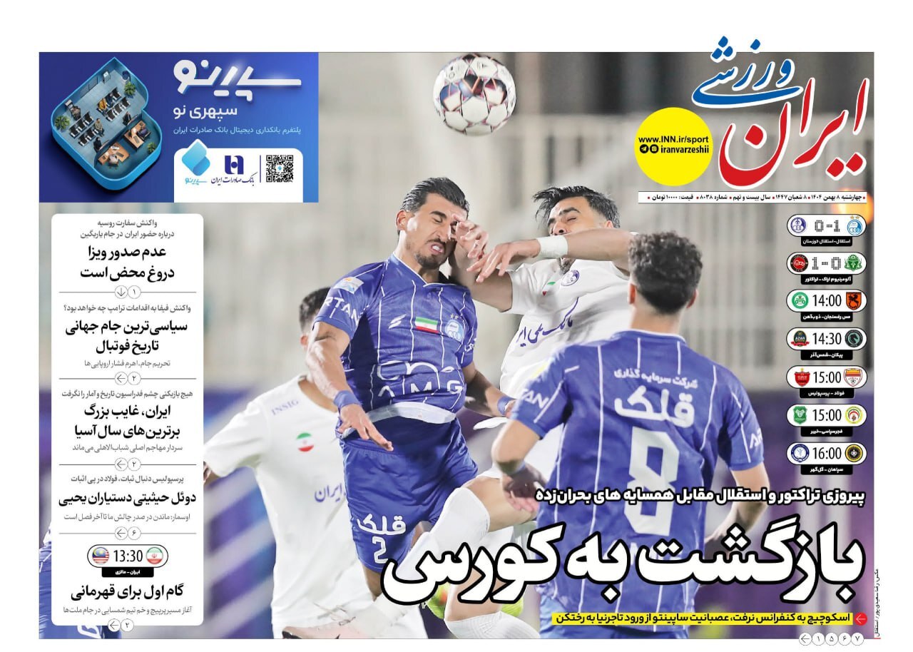 نیم صفحه نخست روزنامه‌های ورزشی ۸ بهمن