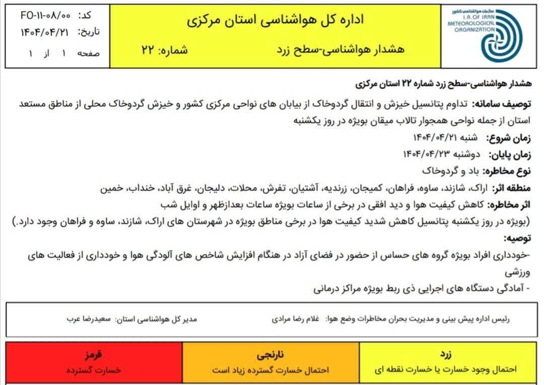 صدور هشدار هواشناسی سطح زرد شماره ۲۲ استان مرکزی