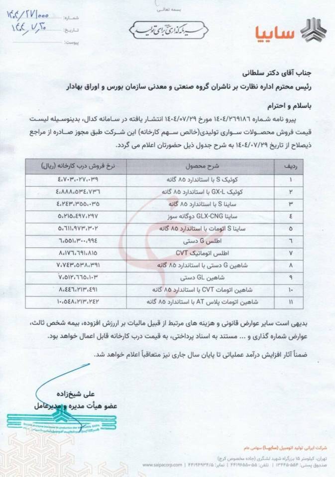 قیمت جدید محصولات سایپا اعلام شد